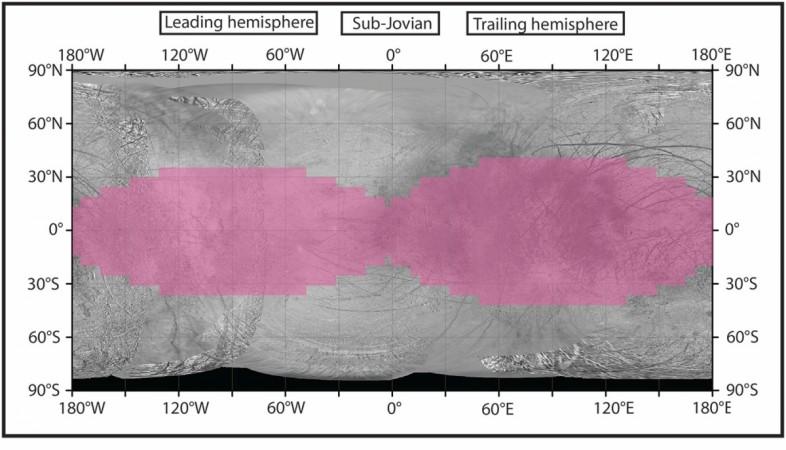 Map of Europa's surface showing the regions that receive the highest radiation dose (pink) Europa