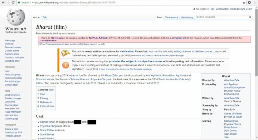 Salman Khan's bio edited with abusive words on Bharat Wikipedia page Salman Khan's bio edited on Bharat Wikipedia page