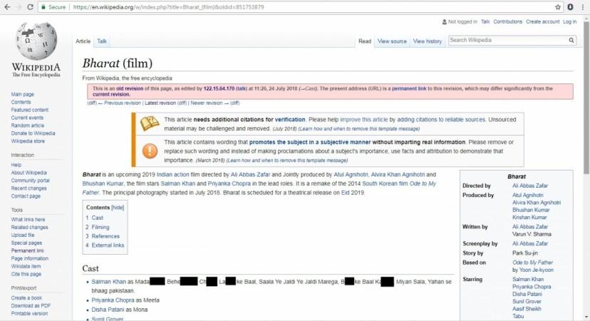 Salman Khan's bio edited with abusive words on Bharat Wikipedia page Salman Khan's bio edited with abusive words on Bharat Wikipedia page