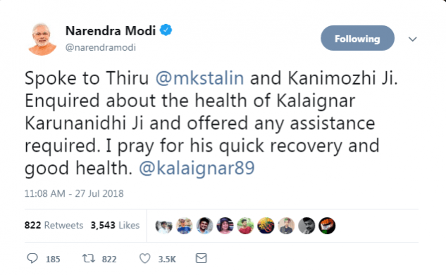 Modi wished Karunanidhi a speedy recovery. karunanidhi health