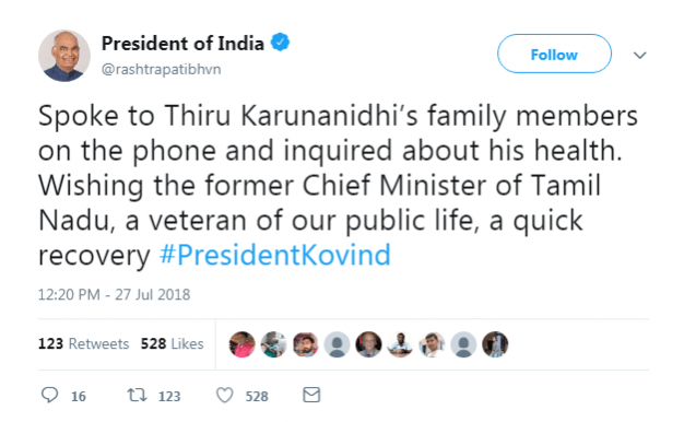 Ram Nath Kovind's wishes Karunanidhi a speedy recovery. karunanidhi health