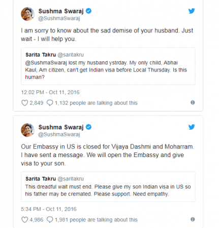 Swaraj helped Abhai Kaul obtain visa to attend father's funeral. sushma swaraj