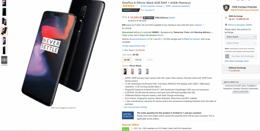Prospective OnePlus 6 consumers can avail instant Rs 1,500 discount on the device with ICICI credit or debit card and if they are ready to trade in their old device, then they can claim up to Rs 14,900. OnePlus 6, discount offer, Amazon, ICICI, cash back, exchange deal