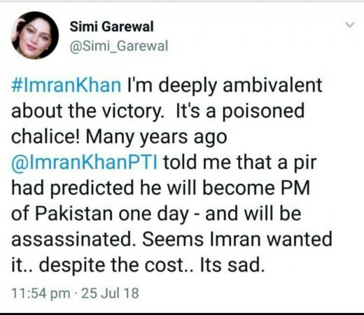 Simi Garewal's (now deleted) tweet on Imran Khan simi garewal imran khan tweet