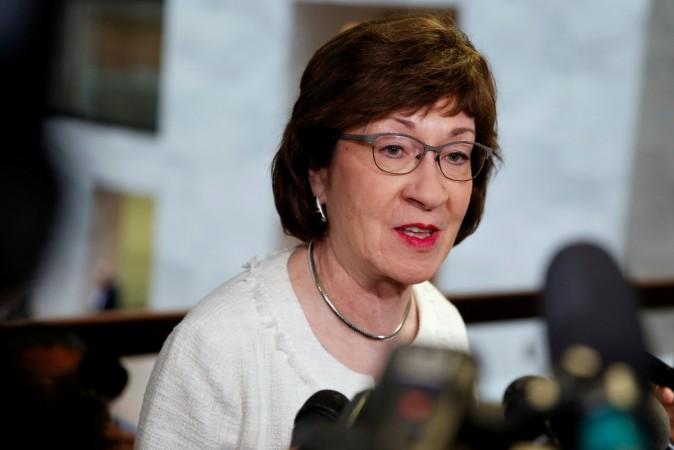 Senator Susan Collins (R-ME) speaks to the media as she leaves a Senate Intelligence Committee hearing evaluating the Intelligence Community Assessment on Senator Susan Collins