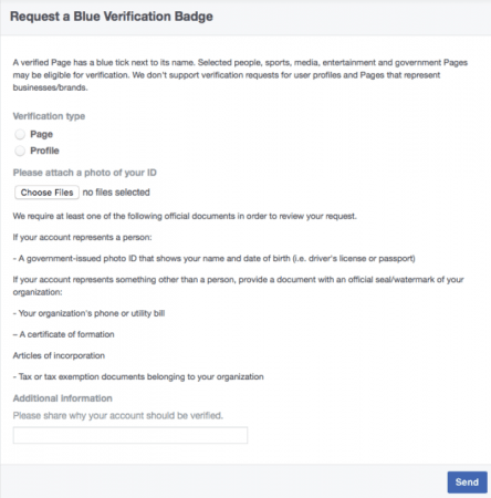 Facebook, verified page, request