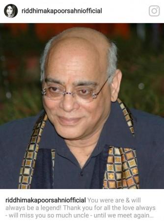 Rajan Nanda condolence message of Riddhima Kapoor Sahni. Rajan Nanda photo Instagram message of Riddhima Kapoor Sahni