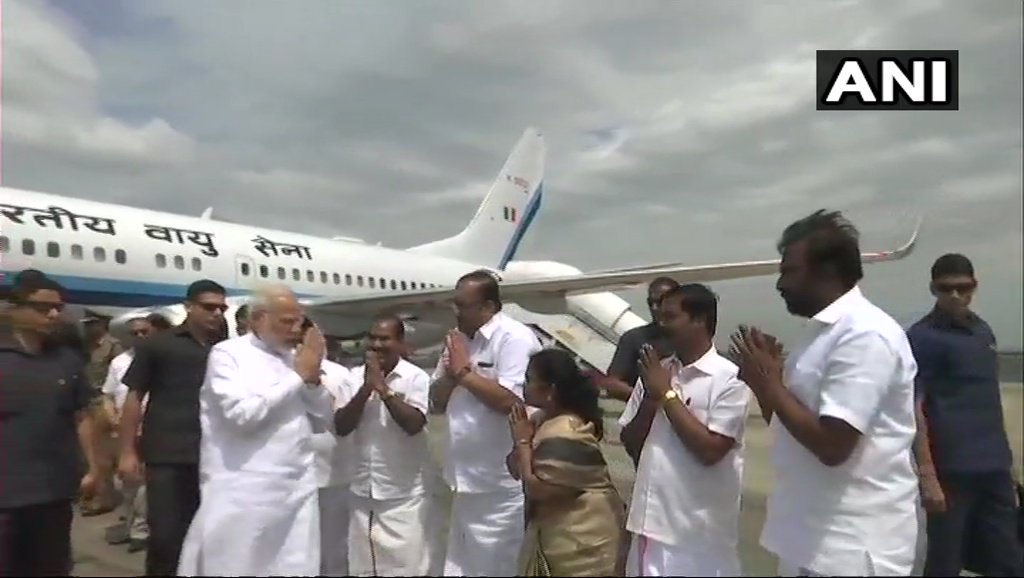 PM Narendra Modi arrives in Chennai to pay last respects to DMK chief. Modi