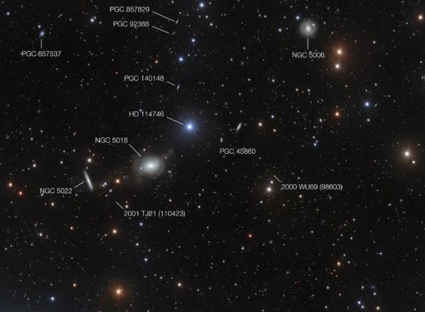 This annotated view of the surroundings of the elliptical galaxy NGC 5018 shows many of its neighbours. It also reveals a few asteroids that were captured by chance during the deep exposures needed to reveal the delicate streams of stars between the galaxies NGC 5018