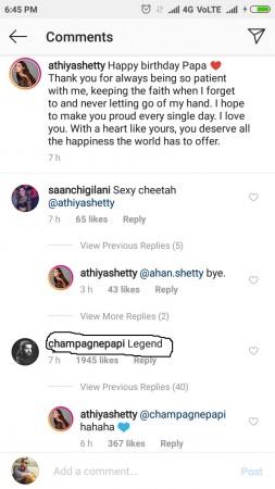 Drake calls Athiya Shetty's father legend