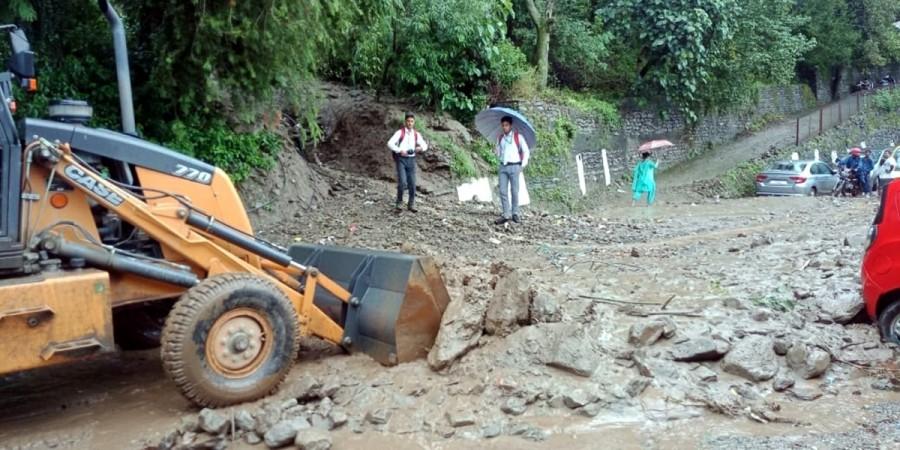Clearing work underway after heavy rains led to blockage of vehicular movement, in Himachal Pradesh's Chamba on Aug 13, 2018. Landslide in Chamba of Himachal