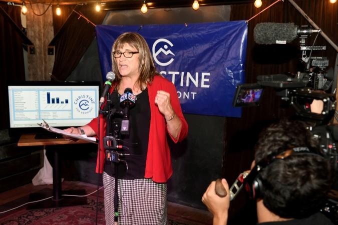 Christine Hallquist speaks to her supporters at an election night party in Burlington Christine Hallquist
