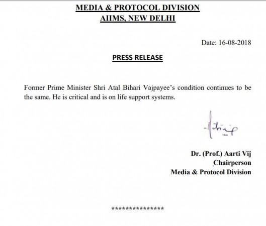 AIIMS medical bulletin on Vajpayee's health. Atal Bihari Vajpayee