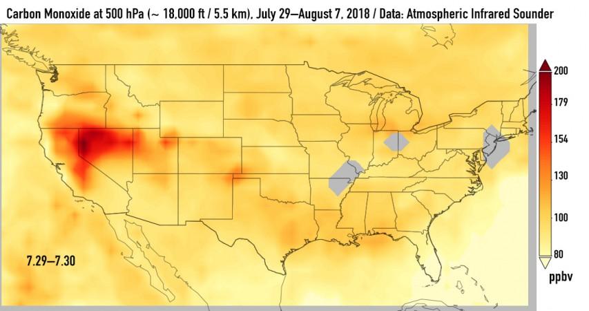 Carbon Monoxide levels on July 29 - 30 California Wildfires
