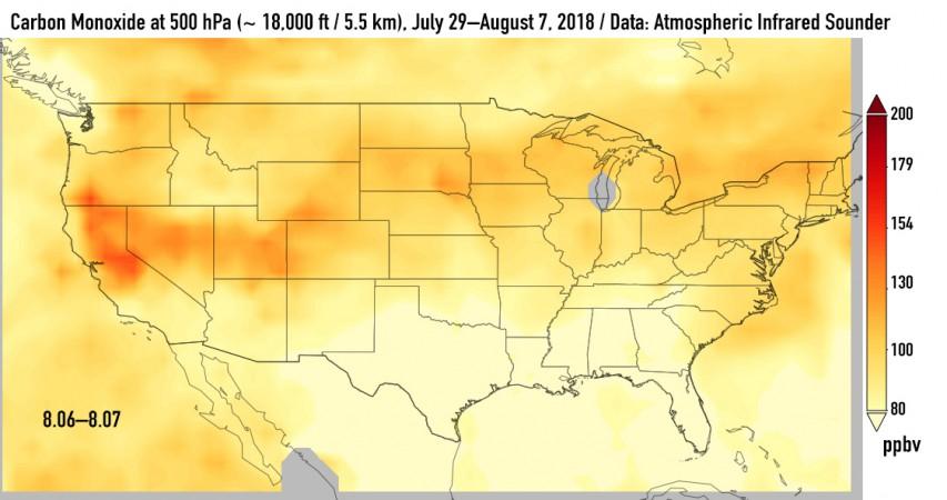 Carbon Monoxide levels August 6- 7 California Wildfires