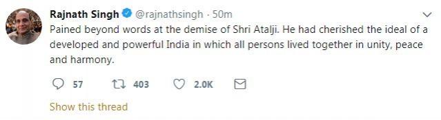 Rajnath Singh tweet on atal