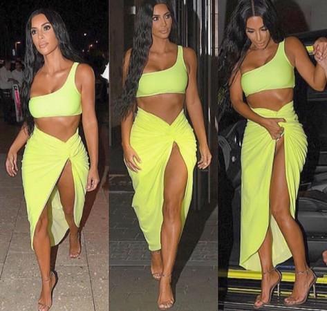 Kim Kardashian wardrobe malfunction neon dress Miami