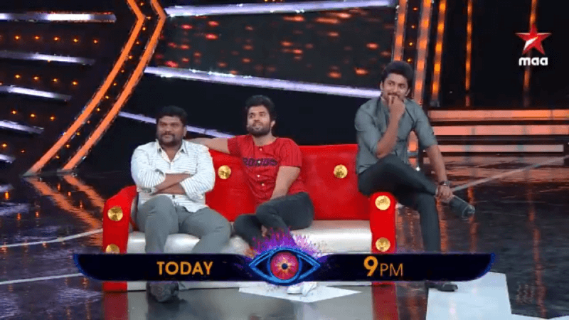 Vijay Deverakonda and director Parasuram on Bigg Boss Telugu 2 as a part of their promotions for their hit movie Geetha Govindam. Vijay Deverakonda and Geetha Govindam's director Parasuram on Bigg Boss Telugu 2