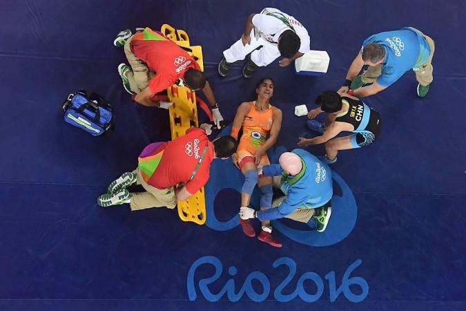 An injured Vinesh at Rio Olympics. Vinesh Phogat