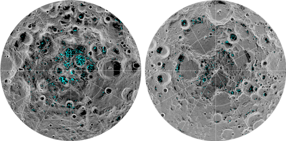 The image shows the distribution of surface ice at the Moon's south pole (left) and north pole (right), detected by NASA's Moon Mineralogy Mapper instrument. Blue represents the ice locations, plotted over an image of the lunar surface, where the gray scale corresponds to surface temperature (darker representing colder areas and lighter shades indicating warmer zones). The ice is concentrated at the darkest and coldest locations, in the shadows of craters. This is the first time scientists have directly observed definitive evidence of water ice on the Moon's surface Moon water