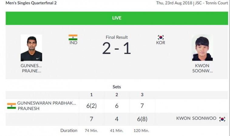 Prajnesh Gunneswaran men's singles quarter-final Asian Games reuslts
