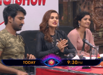 Neevevaro actors Aadhi Pinisetty, Taapsee Pannu, and Ritika Singh on Bigg Boss Telugu 2.