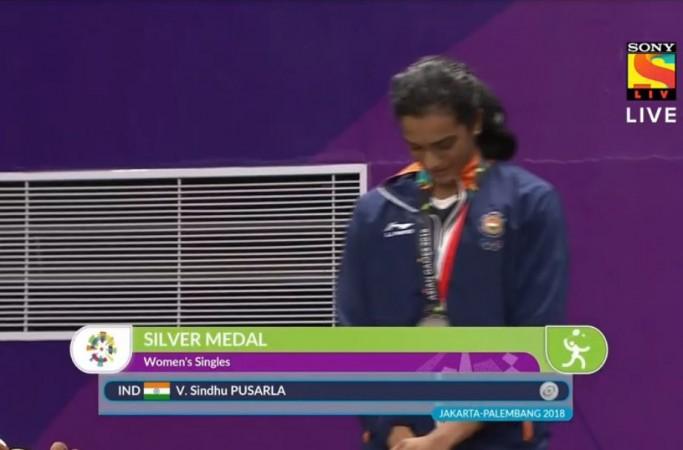 PV Sindhu at Asian Games 2018 medal ceremony. PV Sindhu