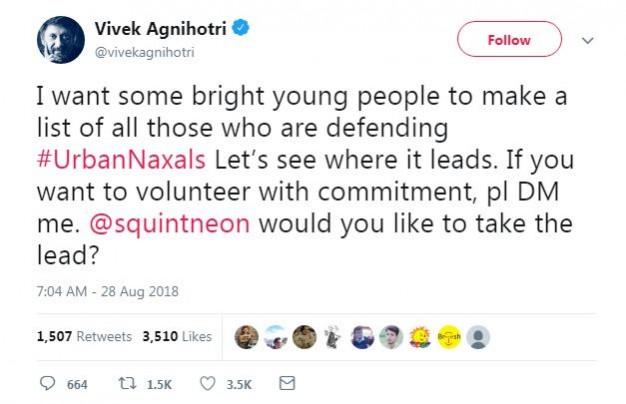 vivek agnihotri urban naxal tweet