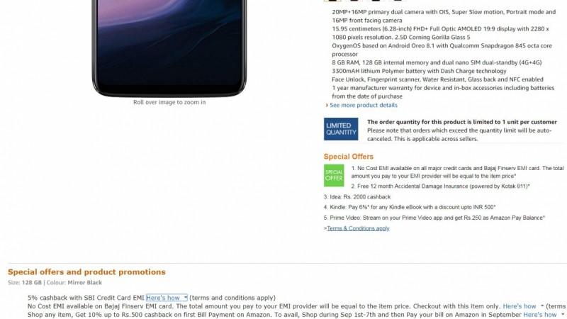 OnePlus 6 is now available with 5-percent cash discount on Amazon via SBI card. OnePlus 6, discount offer, Amazon,SBI, cash back, exchange deal