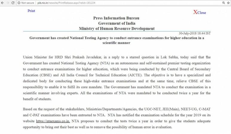The official press note of the Government of India which mentions the fake website's URL instead of the original one. PIB note screenshot