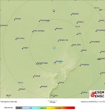 Map of felt reports received so far following detection of earthquake in Haryana and Uttar Pradesh shared by EMSC. delhi earthquake