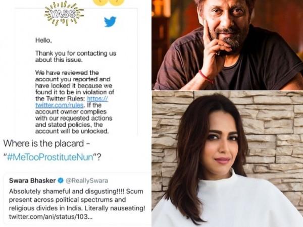 Swara Bhasker reports Vivek Agnihotri tweet Swara Bhasker reports Vivek Agnihotri tweet