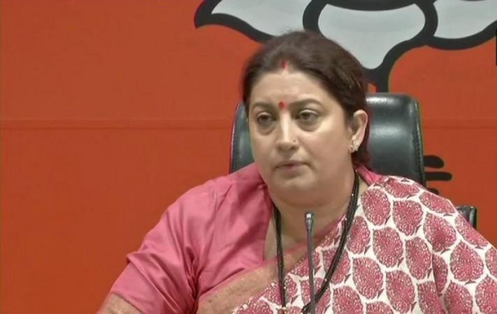 Smriti Irani addressing a press conference at the BJP Head Office in Delhi on Tuesday. Smriti Irani
