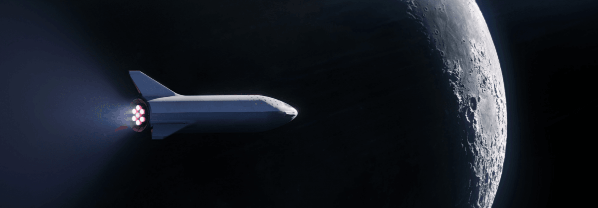 The updated BFR design flying around the Moon BFR