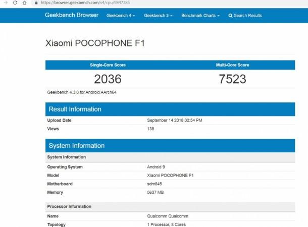 Pocophone F1 spotted on Geekbench performance testing site Poco F1, Android Pie, Geekbench, Pocophone F1, testing