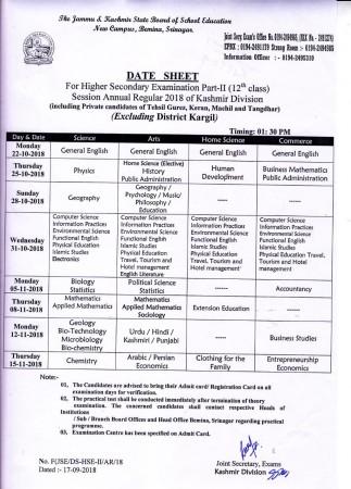 JKBOSE Class 12 date sheet 2018 JKBOSE Class 12 date sheet 2018