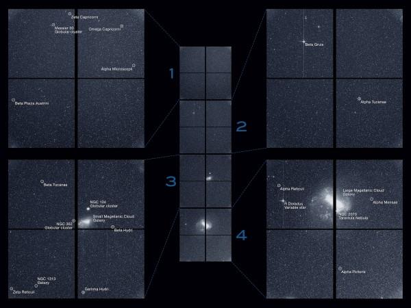The brightest stars in the image, Beta Gruis and R Doradus, saturated an entire column of camera detector pixels on the satellite’s second and fourth cameras TESS First light