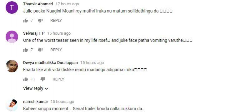 A screen shot of viewers' reaction to Amman Thayee teaser on YouTube. Bigg Boss Julie trolled over her Amman Thayee teaser