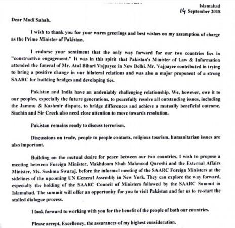 Pak PM Imran Khan's letter to PM Modi Imran Khan writes to Pm Modi