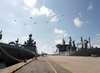 Kamorta, Sahyadri and Shakti, are seen docked in Changi Naval Base