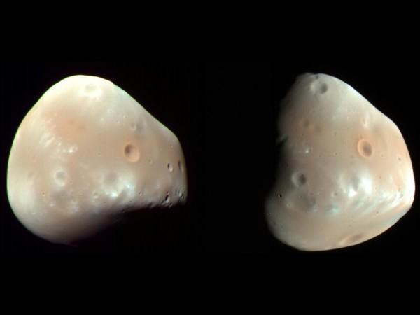 These color-enhanced views of Deimos, the smaller of the two moons of Mars, were taken on Feb. 21, 2009, by the High Resolution Imaging Science Experiment (HiRISE) camera on NASA's Mars Reconnaissance Orbiter. Deimos is about 7.5 miles in diameter Deimos