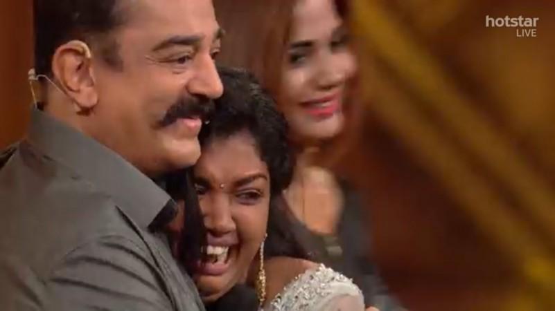 Riythvika hugging Kamal Haasan after announcing that she is the winner of Bigg Boss Tamil 2. Kamal and Riythvika in Bigg Boss Tamil 2
