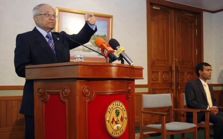 Maldives President Abdul Gayoom speaks during the news conference as President-elect Nasheed listens. Maldives President Abdul Gayoom speaks during during news conference as President-elect Nasheed listens.