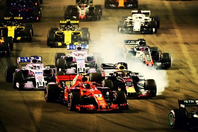 Drivers compete during Singapore Formula One GP at the Marina Bay Street Circuit on September 16, 2018. Formula 1