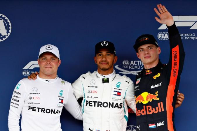 Top three qualifiers Lewis Hamilton, Valtteri Bottas and Max Verstappen after qualifying for the Formula One Grand Prix of Japan at Suzuka Circuit on October 6, 2018 in Suzuka. Japanese Grand Prix 2018