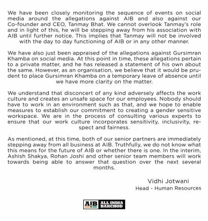 AIB statement on Tanmay Bhat and Gursimran Khamba. AIB statement on Tanmay Bhat and Gursimran Khamba.