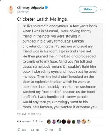 Anonymous woman acuses Lasith Malinga of sexual harassment. Lasith Malinga