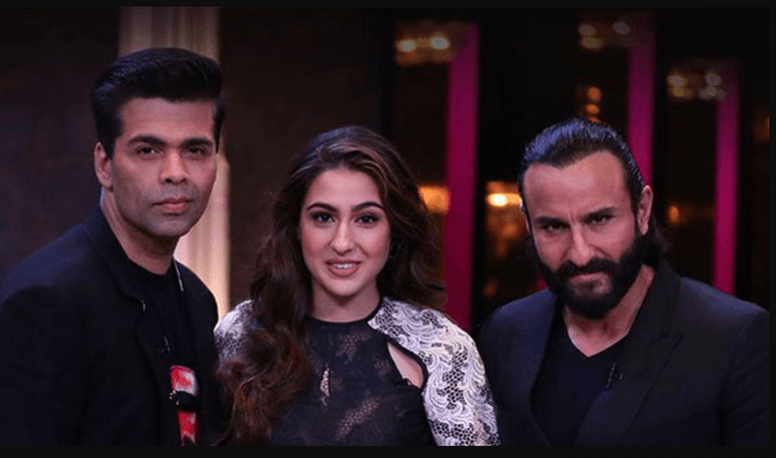 Karan Johar with Sara Ali Khan and Saif Ali Khan on Koffee with Karan. Karan Johar with Sara Ali Khan and Saif Ali Khan