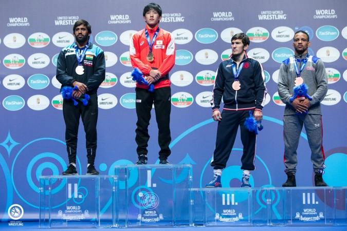 Bajrang Punia (L) during the medal ceremony at Budapest world championships. Bajrang Punia
