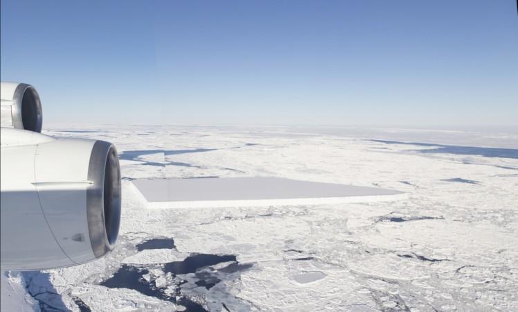 This panorama of the entire tabular iceberg was edited together from two images taken while flying past the berg Antarctica